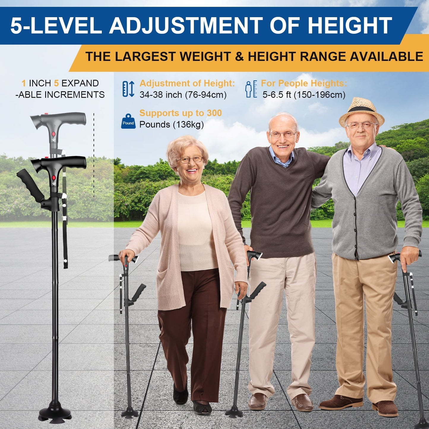 AARTVARK TEES Walking Canes for Men & Women, Folding Canes with LED Flashlight, Fall Alarm, Heavy Duty, Pivot Tip, Foldable Walking Sticks for Seniors & Adults Balance