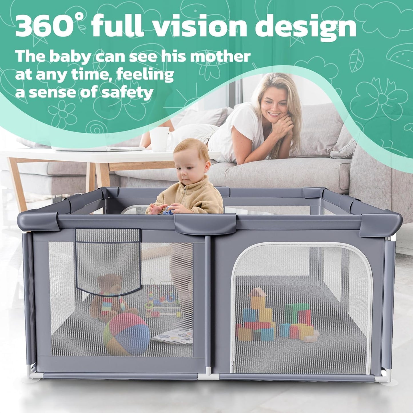 Baby Playpen, 50x50 Inch Play Yard for Babies and Toddlers, Indoor & Outdoor Baby Gate Play Pen with Soft Breathable Mesh, Safety Kids Fence Playard Area (Grey)