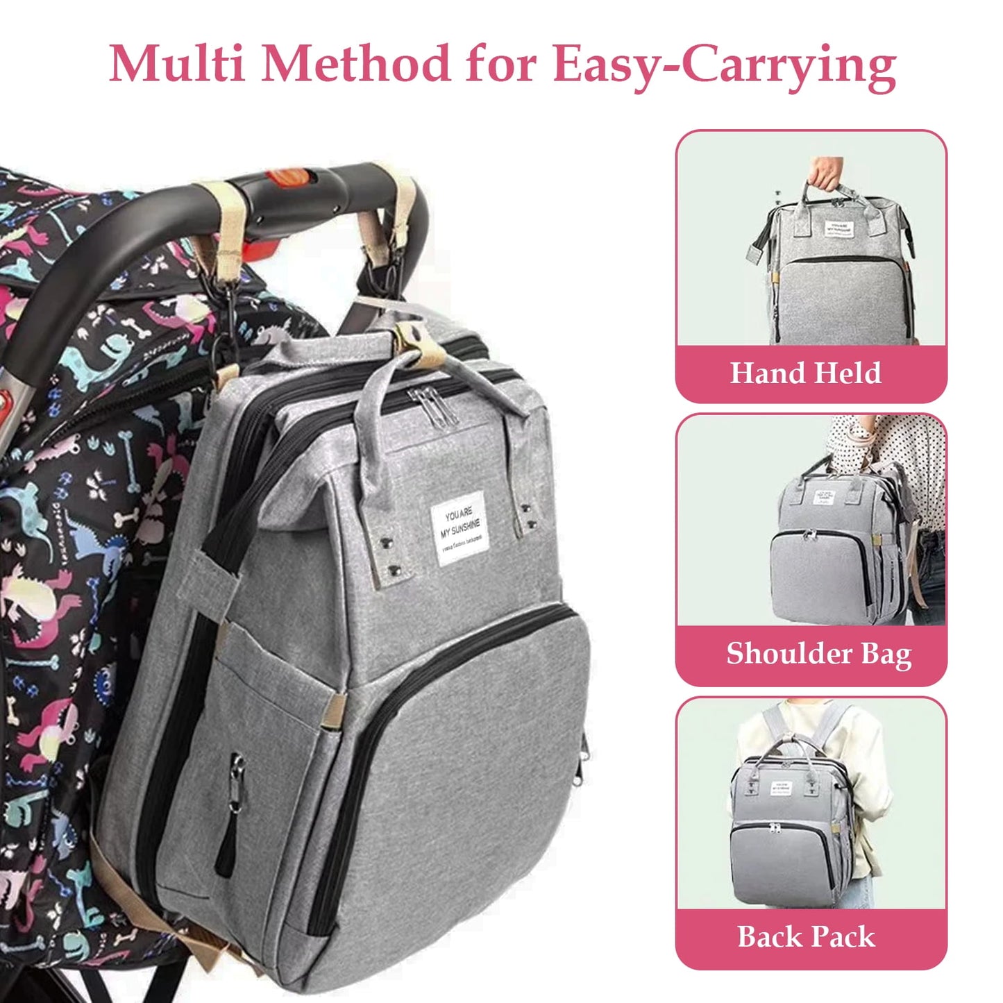 Baby Diaper Bag Backpack, Multifunction Waterproof Baby Bag for Mom with USB Charging Port, Large Capacity, Baby Shower Gifts, Gray