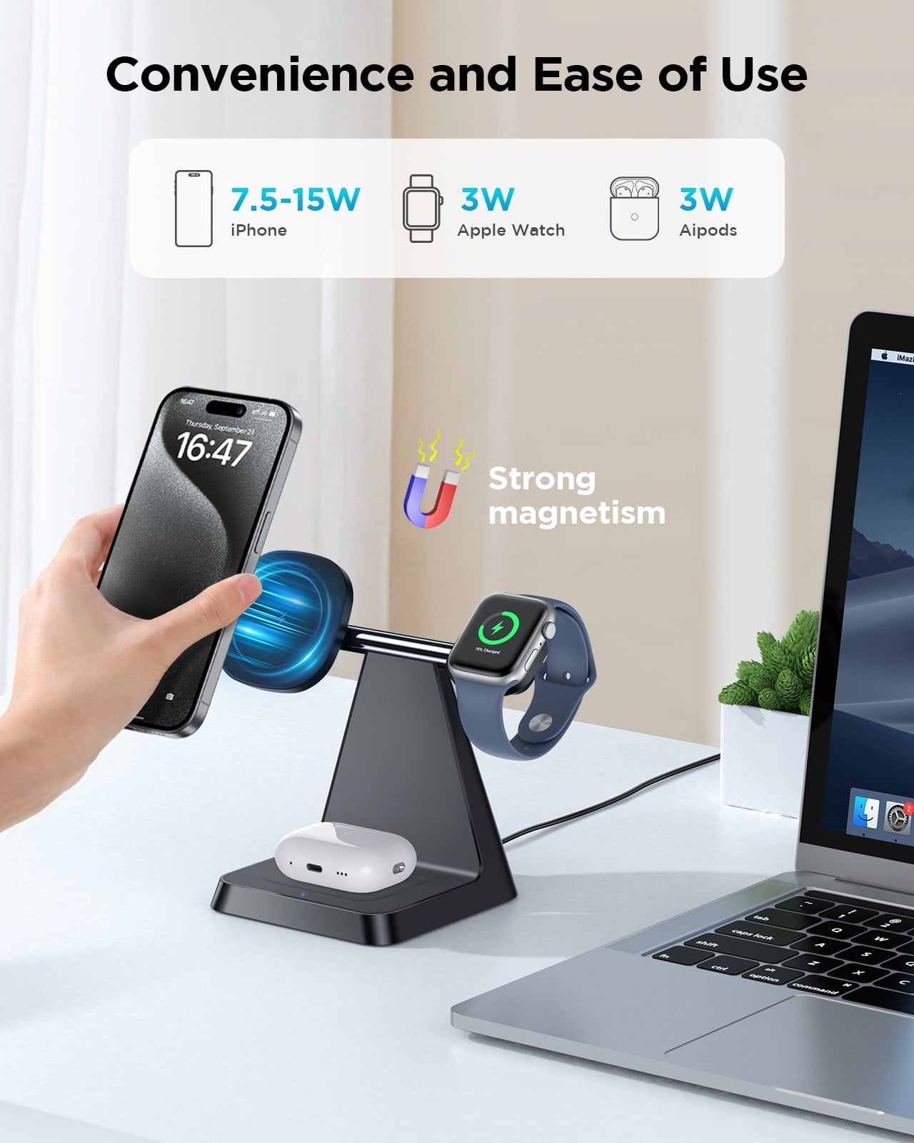 3 in 1 Charging Station for Apple Devices: Wireless Charger compatible for iphone 16 15 14 13 12 Pro/Pro Max/Plus/Mini, Charger Stand for AirPods 2/3/Pro & iWatch