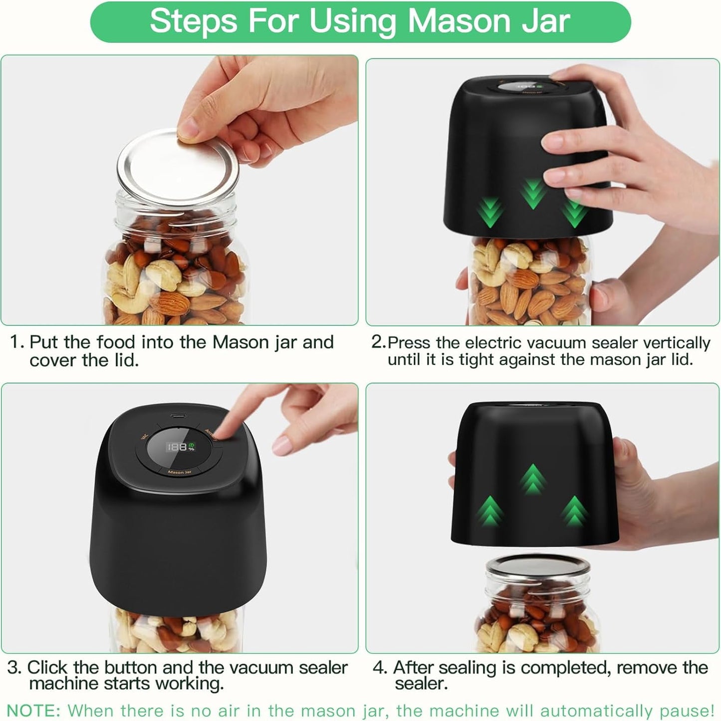 3 in 1 Electric Mason Jar Vacuum Sealer Kit with External Assembly Vacuum Pump for Food Storage, Automatic Vacuum Sealer for Vacuum Bag, Wine Bottle, Wide Mouth and Regular Mouth Mason Jars