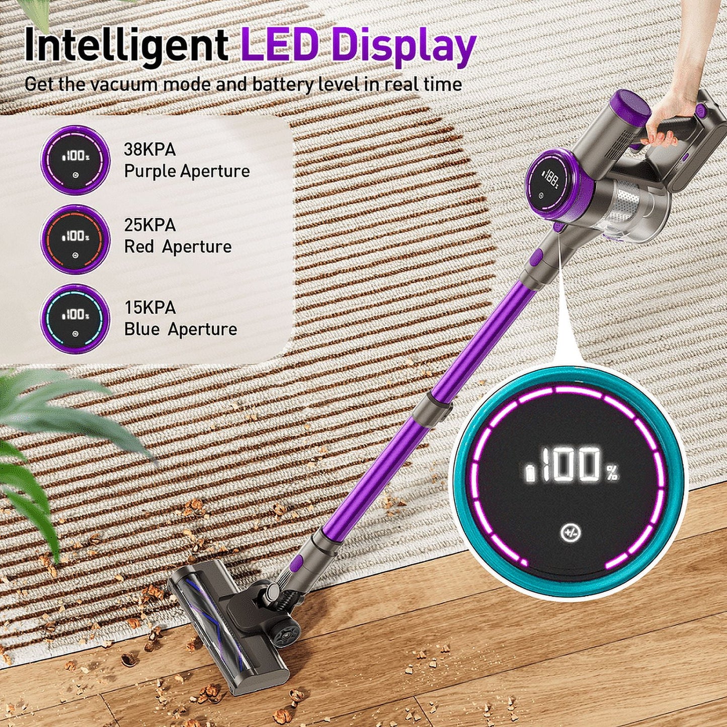 KUOSE Cordless Vacuum Cleaner 38KPA/400W 50min 2200mAh Lightweight Stick Vacuum Cleaners for Home Pet Hair Car Carpet Hardwood Floor