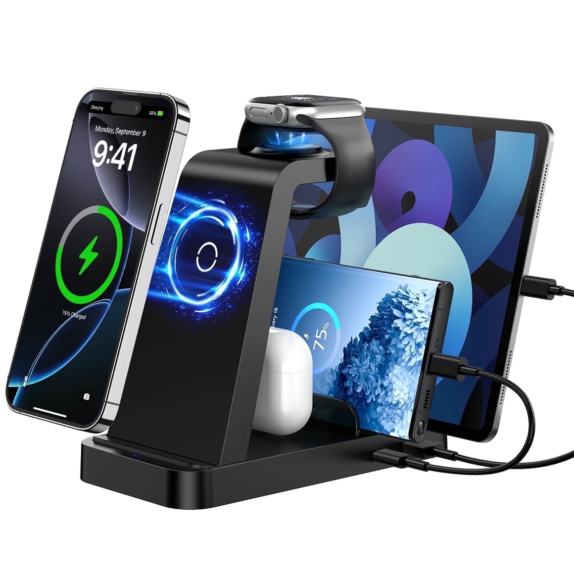 5 IN 1 Wireless Charger Compatible with iPhone: ETEPEHI Charging Station for Samsung /Tablets /iPad /Airpods /iWatch Series, Black
