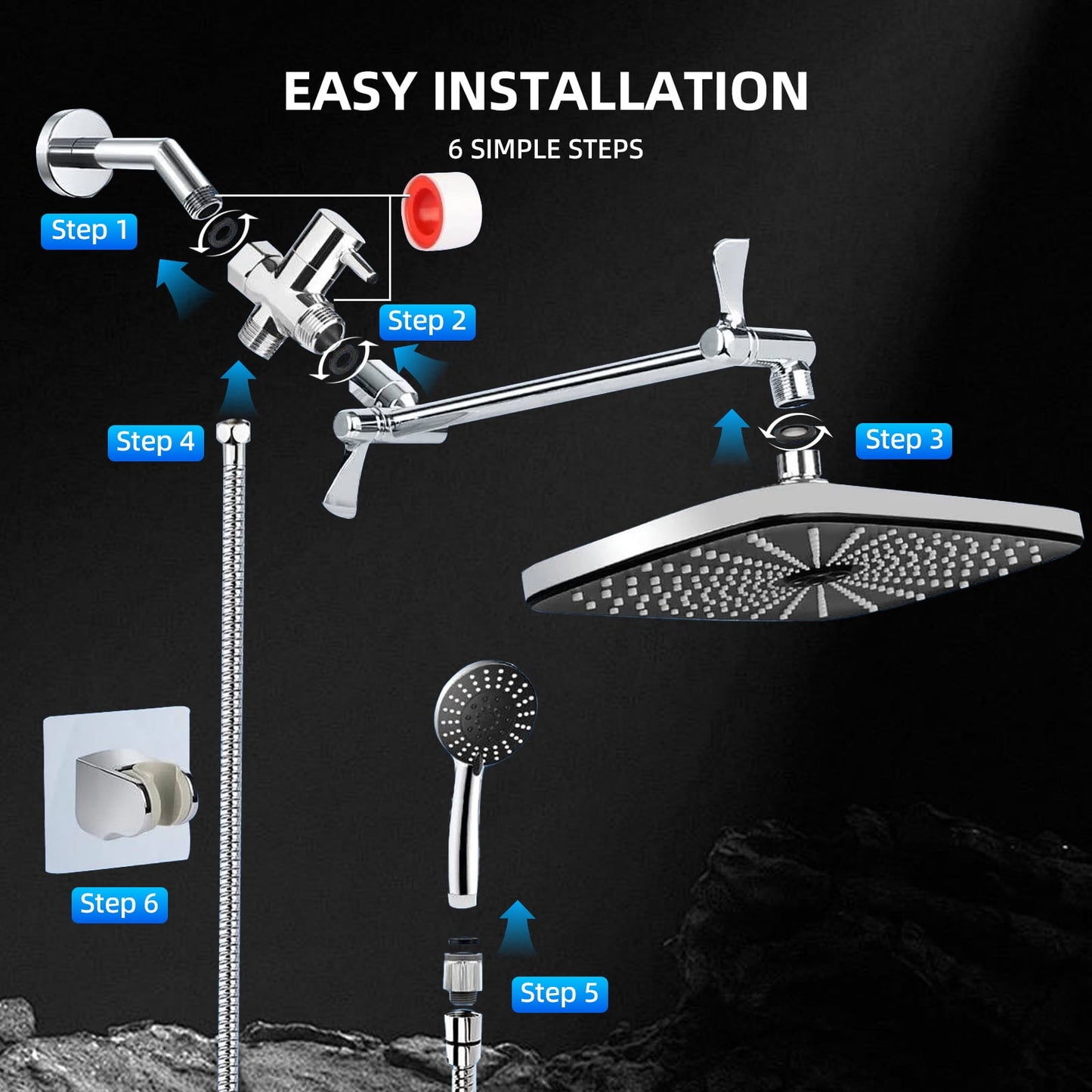 ATUPEN 12" Rain Shower Head, Handheld Spray Combo 6 Settings Adjustable High Pressure Dual Showerhead Silver Chrome