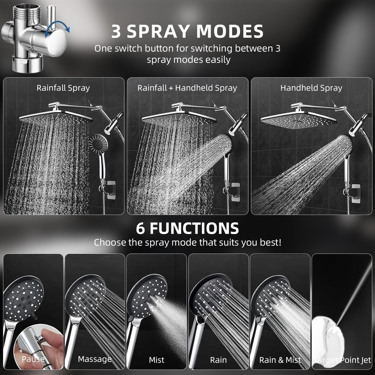 ATUPEN 12" Rain Shower Head, Handheld Spray Combo 6 Settings Adjustable High Pressure Dual Showerhead Silver Chrome