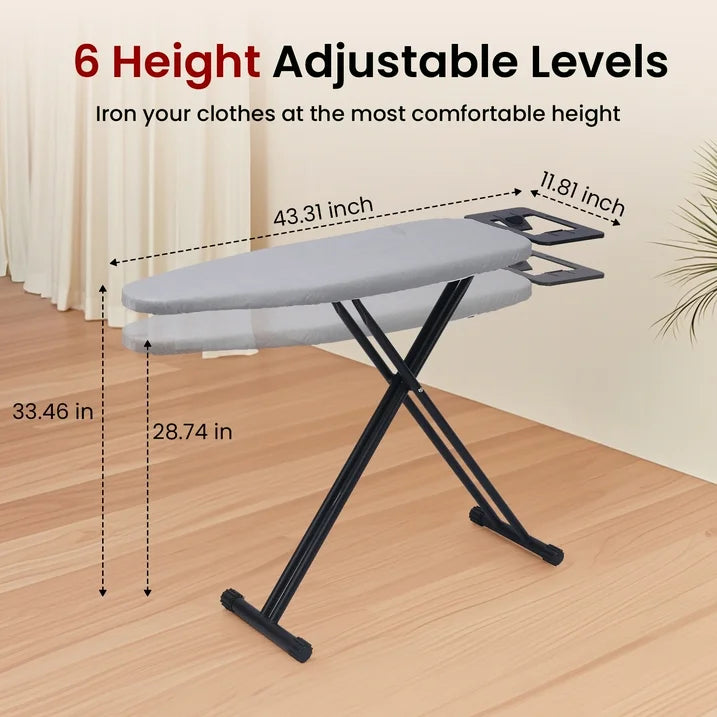Kailwokk Ironing Board with 43"x 12" Replaceable Cotton Covers with Fibre Pads,Foldable Iron Board with 6 Height Settings for Home Laundry Room