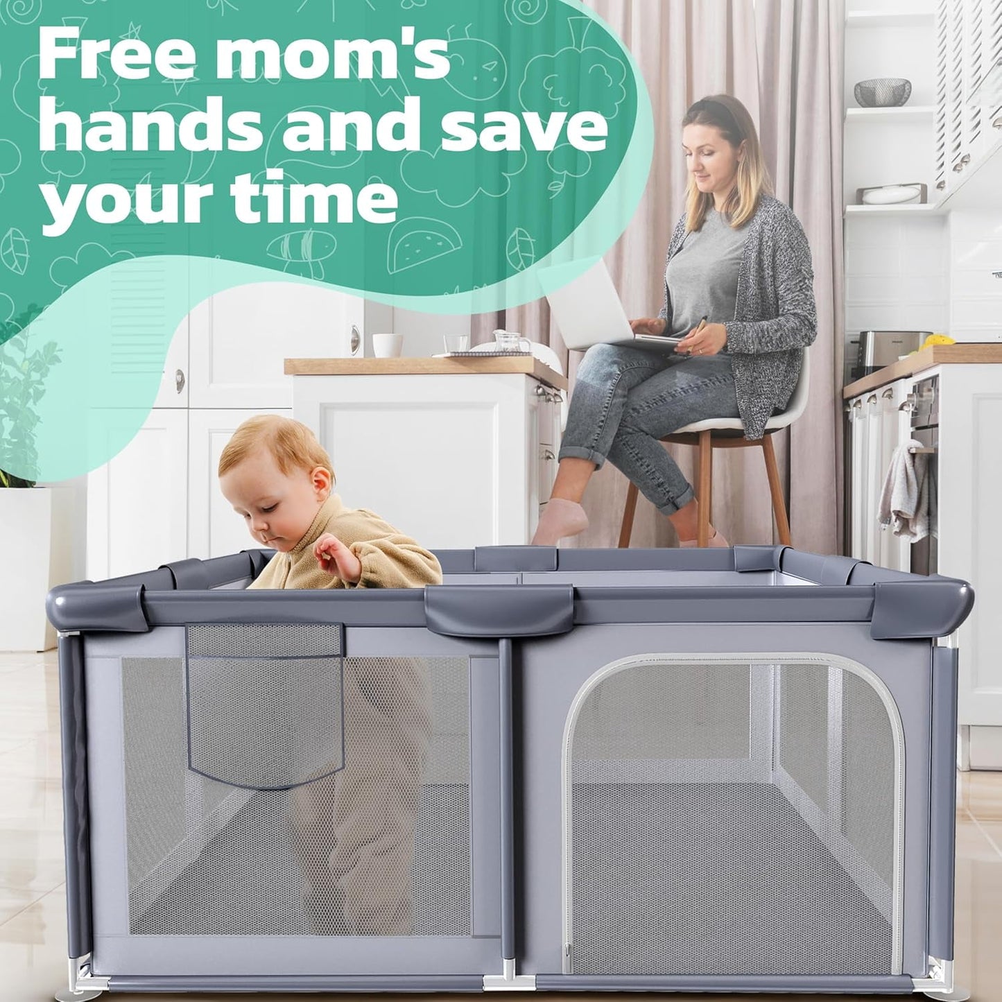 Baby Playpen, 50x50 Inch Play Yard for Babies and Toddlers, Indoor & Outdoor Baby Gate Play Pen with Soft Breathable Mesh, Safety Kids Fence Playard Area (Grey)