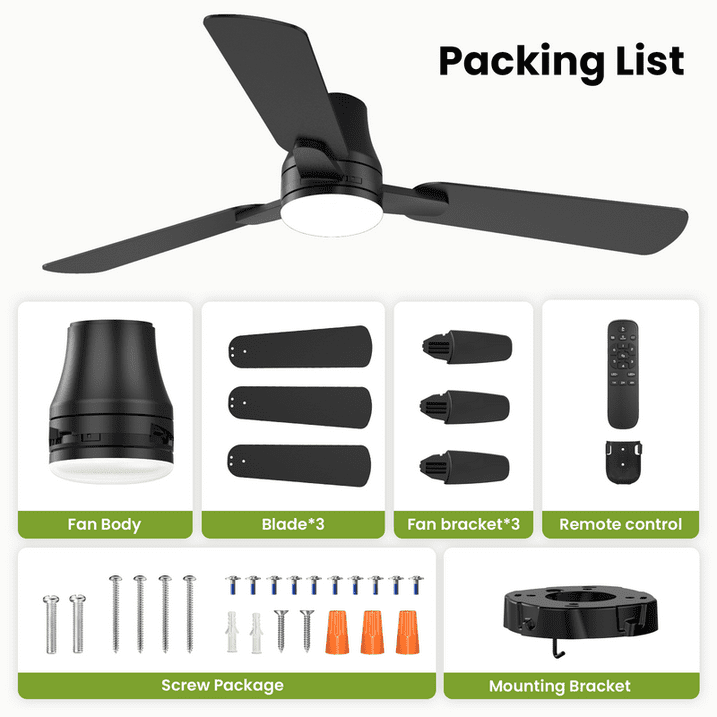 42" Ceiling Fan with Lights and Remote Control, Wood 8 Blades 6-Speed Noiseless Reversible DC Motor, Modern Large Ceiling fan for Kitchen Bedroom Dining Living Room, Black