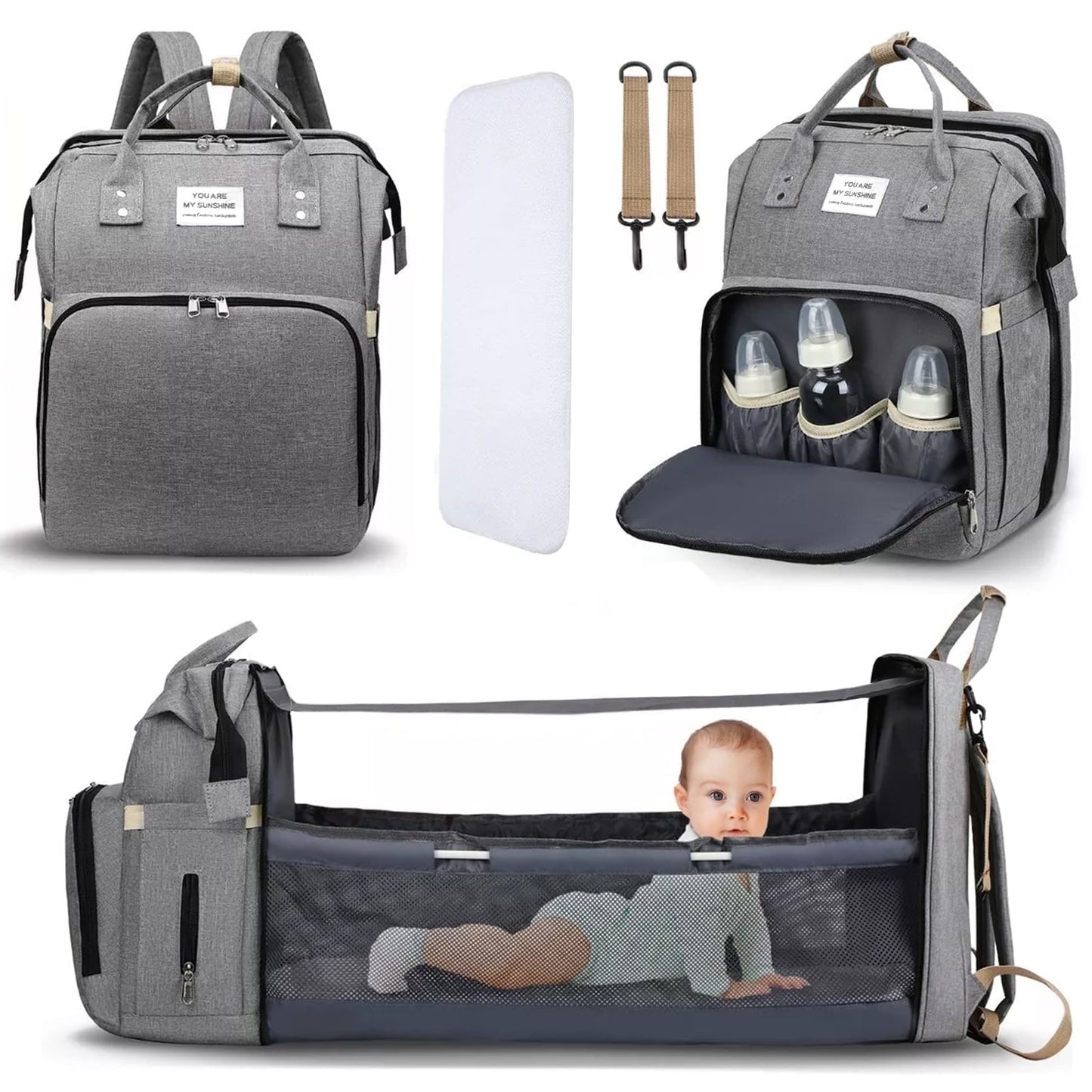 Baby Diaper Bag Backpack, Multifunction Waterproof Baby Bag for Mom with USB Charging Port, Large Capacity, Baby Shower Gifts, Gray