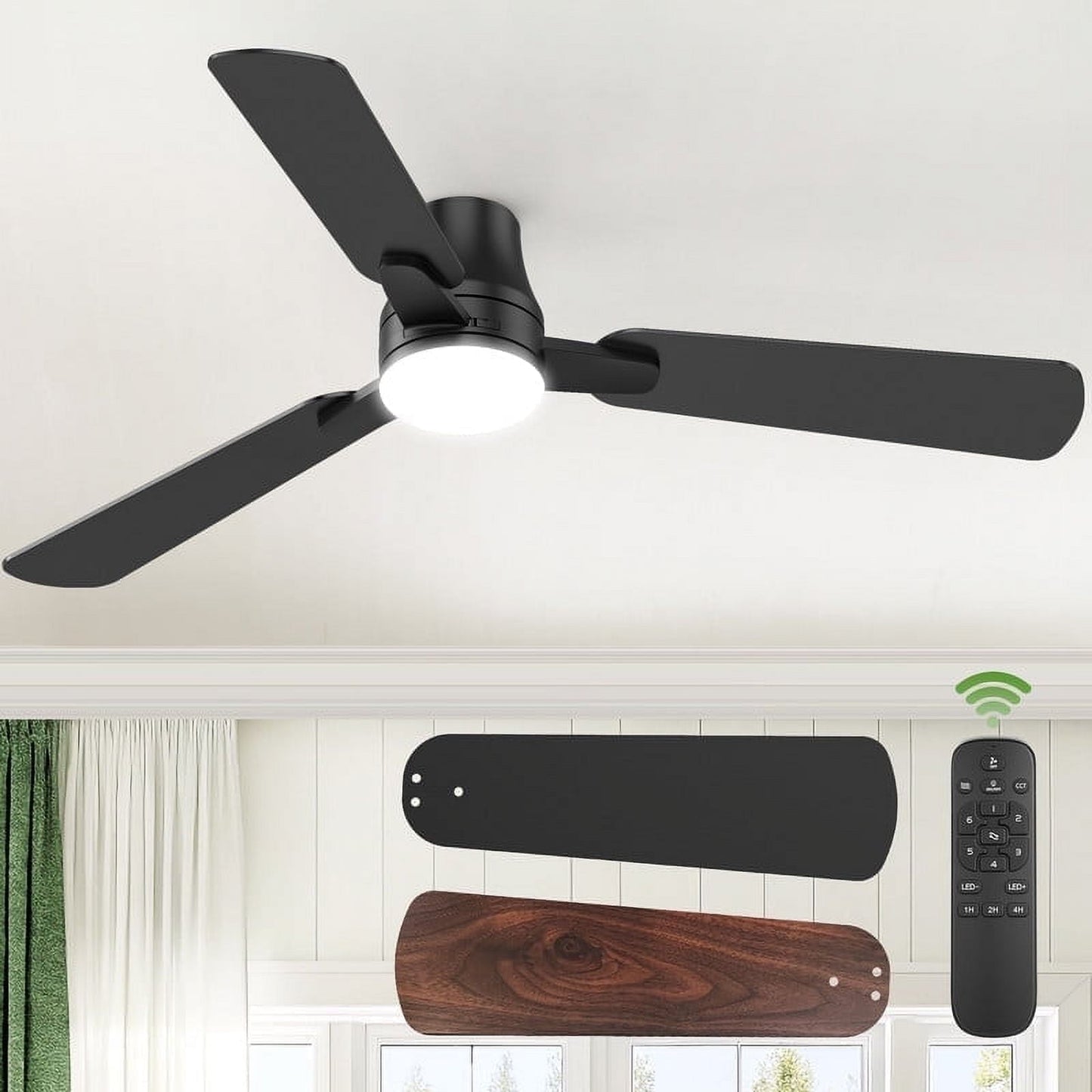 42" Ceiling Fan with Lights and Remote Control, Wood 8 Blades 6-Speed Noiseless Reversible DC Motor, Modern Large Ceiling fan for Kitchen Bedroom Dining Living Room, Black