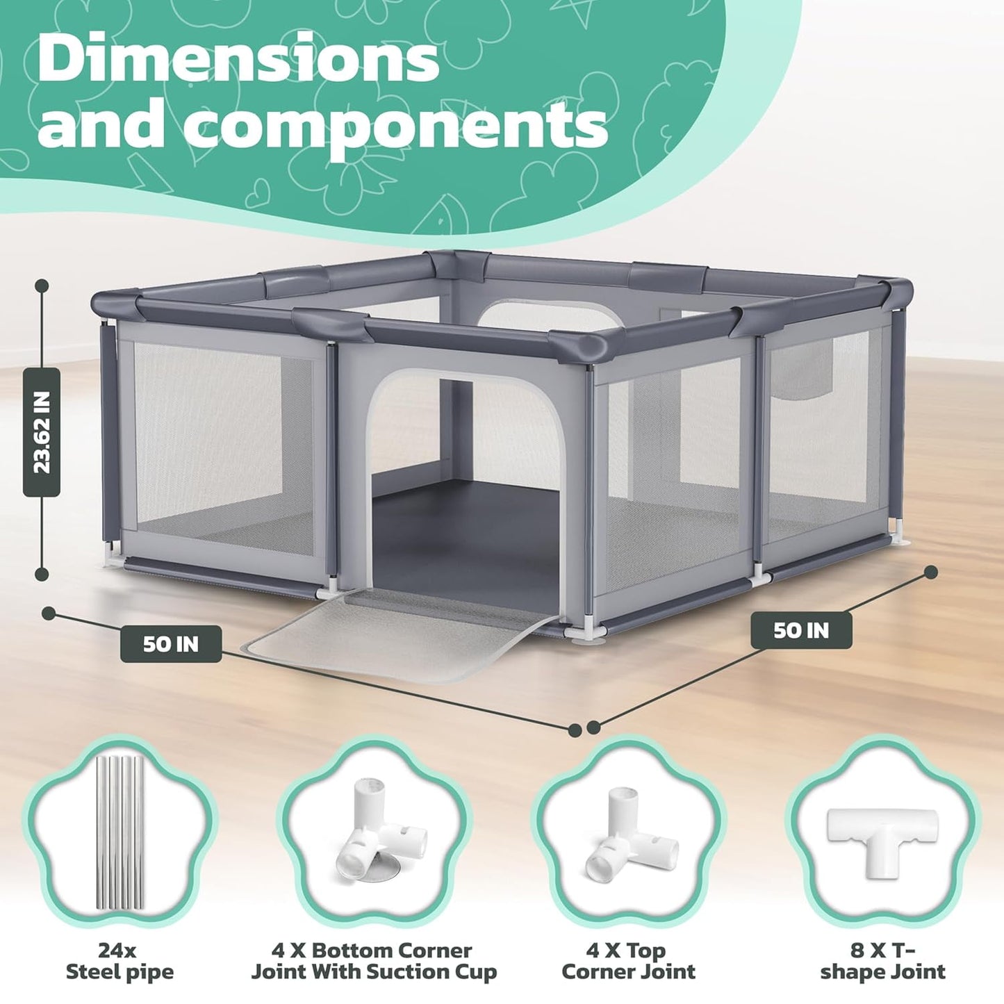 Baby Playpen, 50x50 Inch Play Yard for Babies and Toddlers, Indoor & Outdoor Baby Gate Play Pen with Soft Breathable Mesh, Safety Kids Fence Playard Area (Grey)