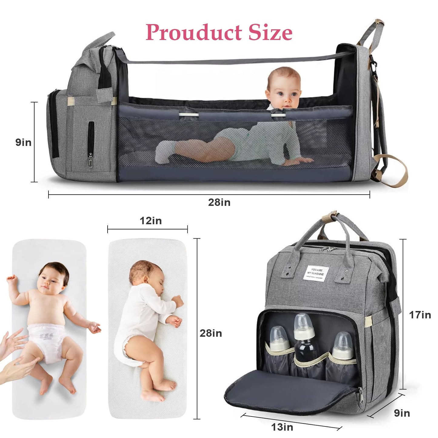 Baby Diaper Bag Backpack, Multifunction Waterproof Baby Bag for Mom with USB Charging Port, Large Capacity, Baby Shower Gifts, Gray