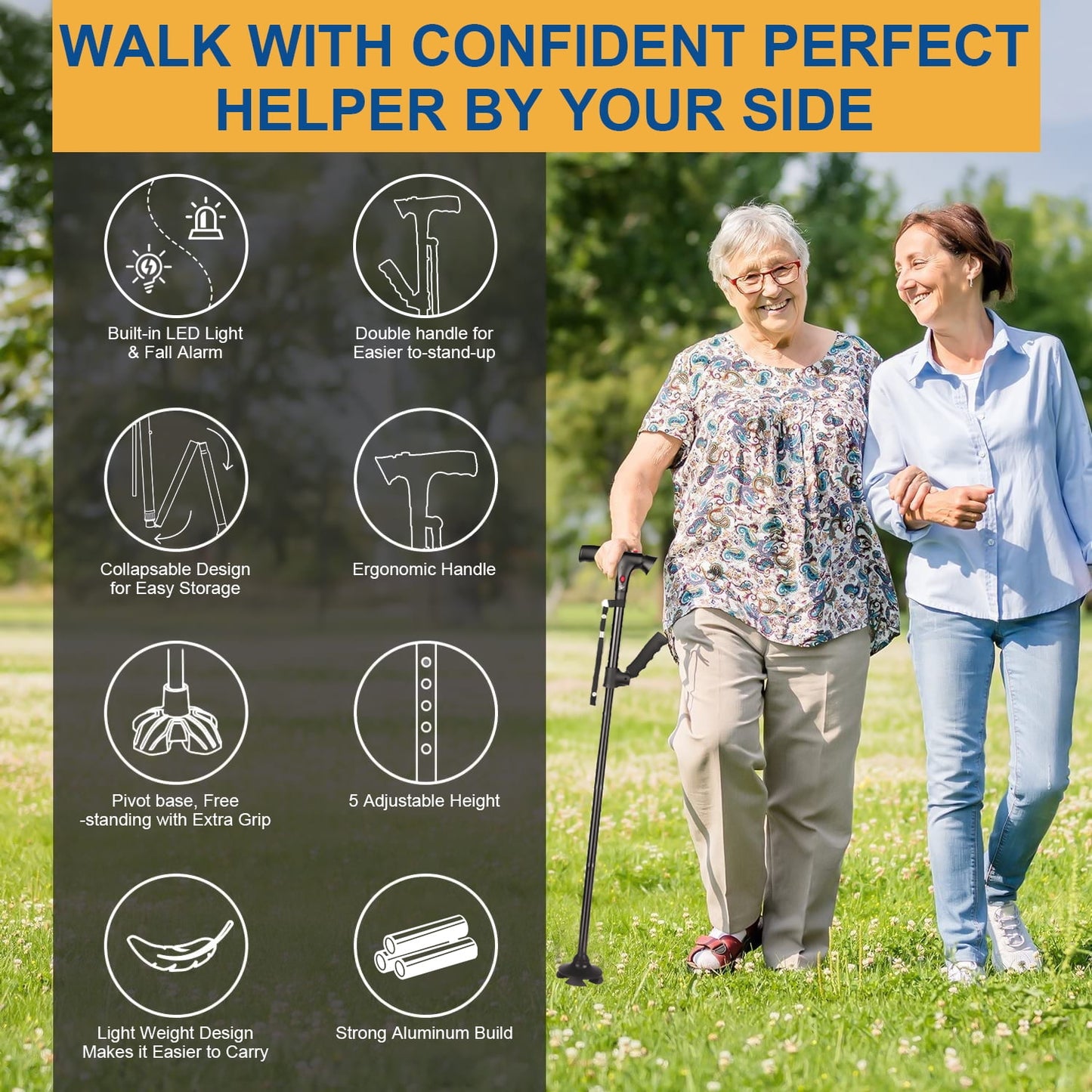 AARTVARK TEES Walking Canes for Men & Women, Folding Canes with LED Flashlight, Fall Alarm, Heavy Duty, Pivot Tip, Foldable Walking Sticks for Seniors & Adults Balance