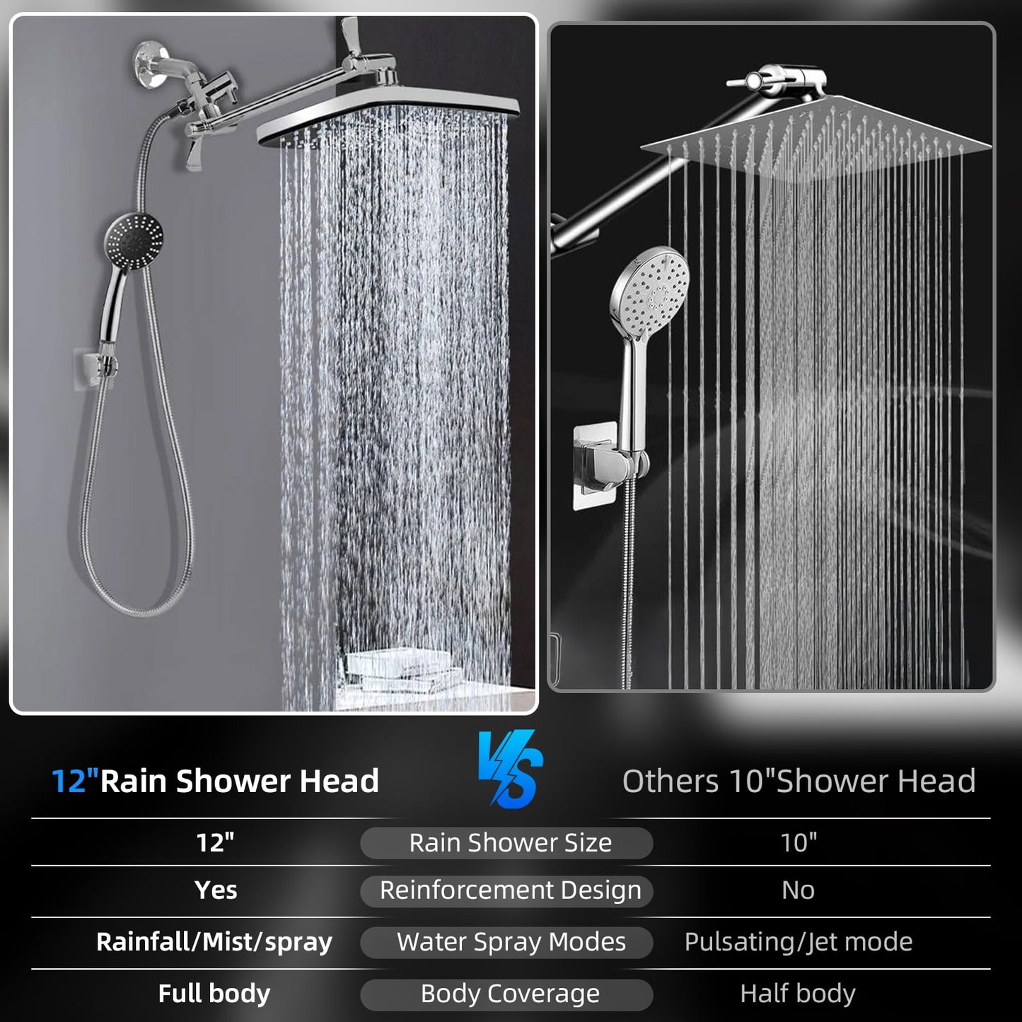 ATUPEN 12" Rain Shower Head, Handheld Spray Combo 6 Settings Adjustable High Pressure Dual Showerhead Silver Chrome