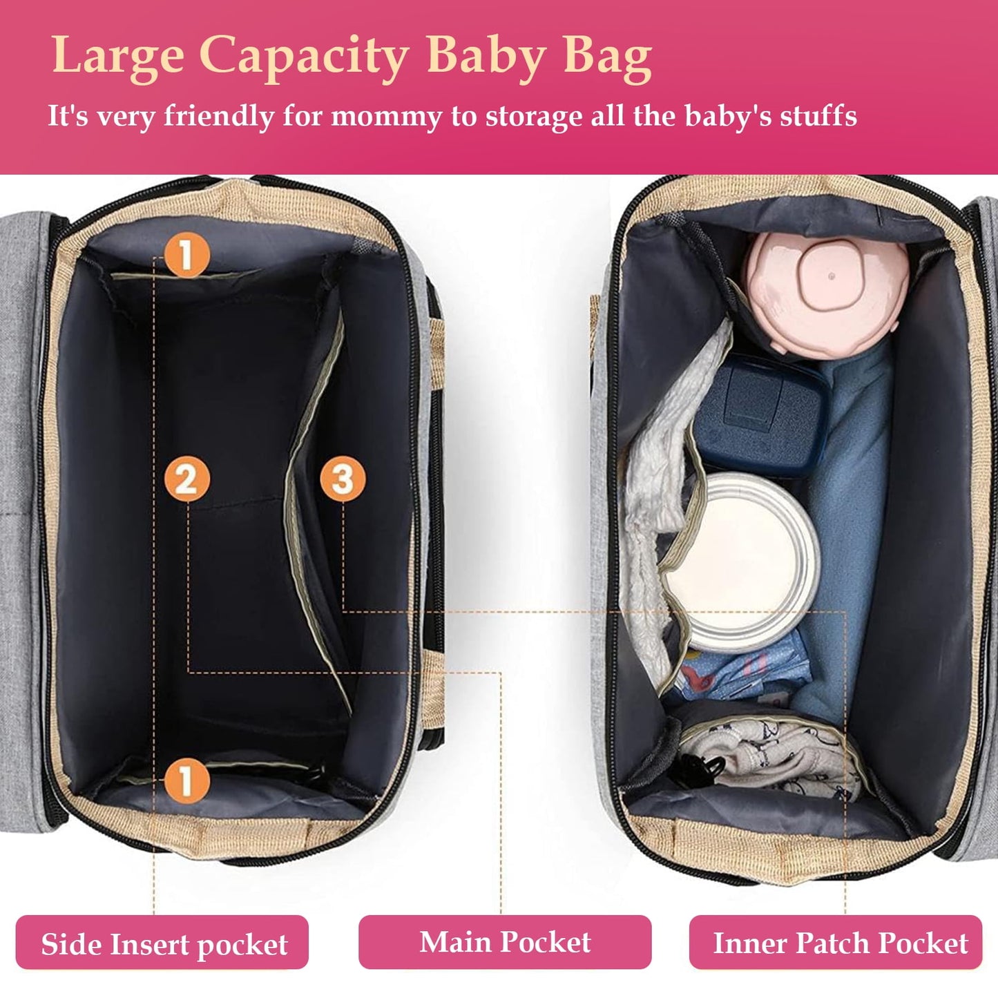 Baby Diaper Bag Backpack, Multifunction Waterproof Baby Bag for Mom with USB Charging Port, Large Capacity, Baby Shower Gifts, Gray