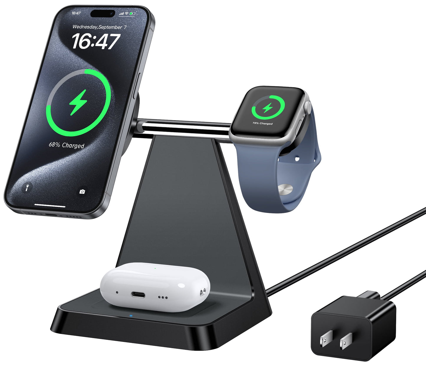 3 in 1 Charging Station for Apple Devices: Wireless Charger compatible for iphone 16 15 14 13 12 Pro/Pro Max/Plus/Mini, Charger Stand for AirPods 2/3/Pro & iWatch