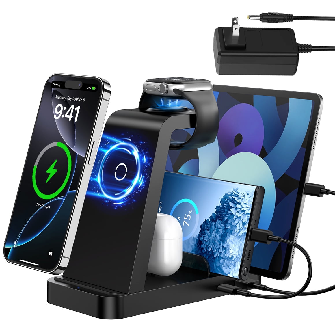 5 IN 1 Wireless Charger Compatible with iPhone: ETEPEHI Charging Station for Samsung /Tablets /iPad /Airpods /iWatch Series, Black
