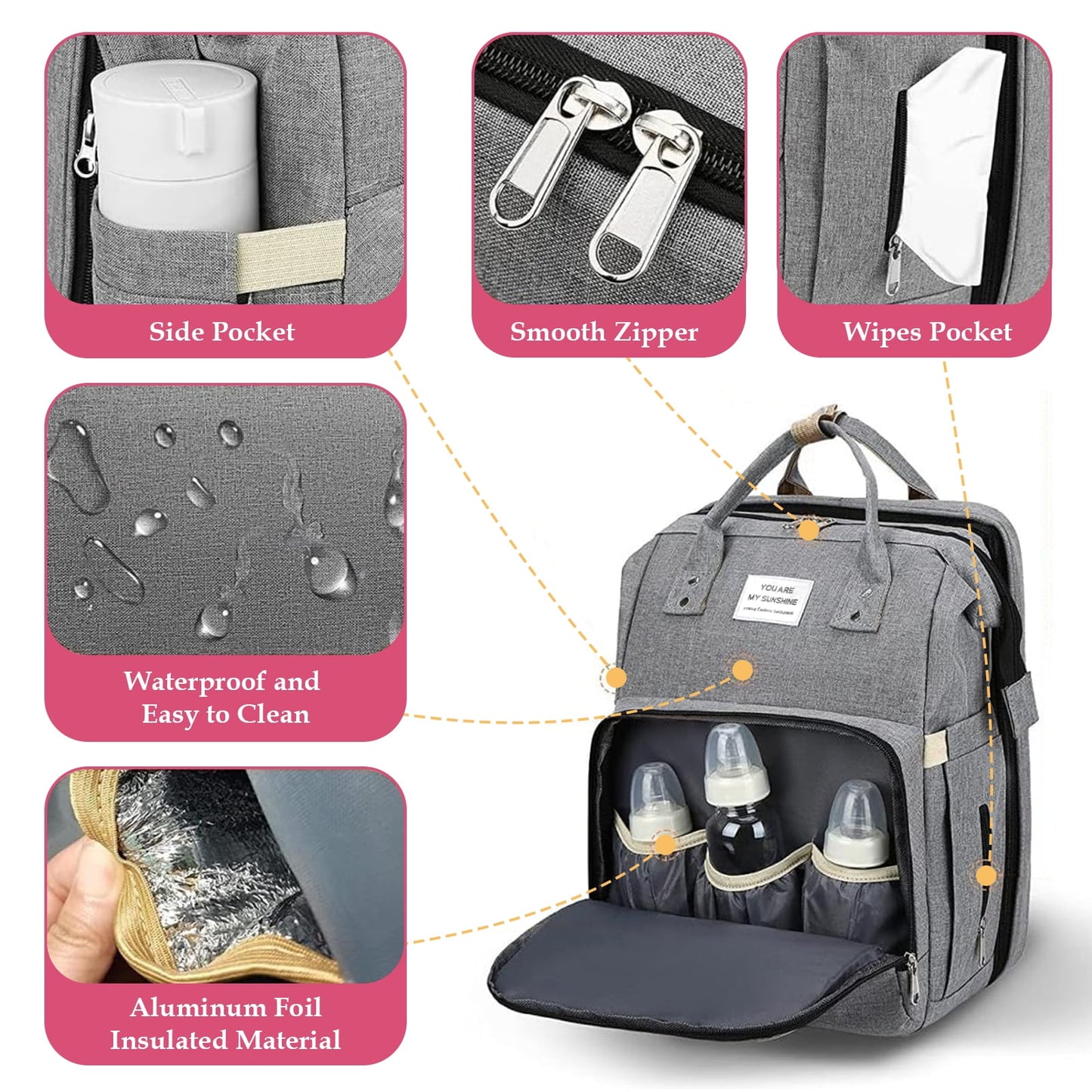 Baby Diaper Bag Backpack, Multifunction Waterproof Baby Bag for Mom with USB Charging Port, Large Capacity, Baby Shower Gifts, Gray