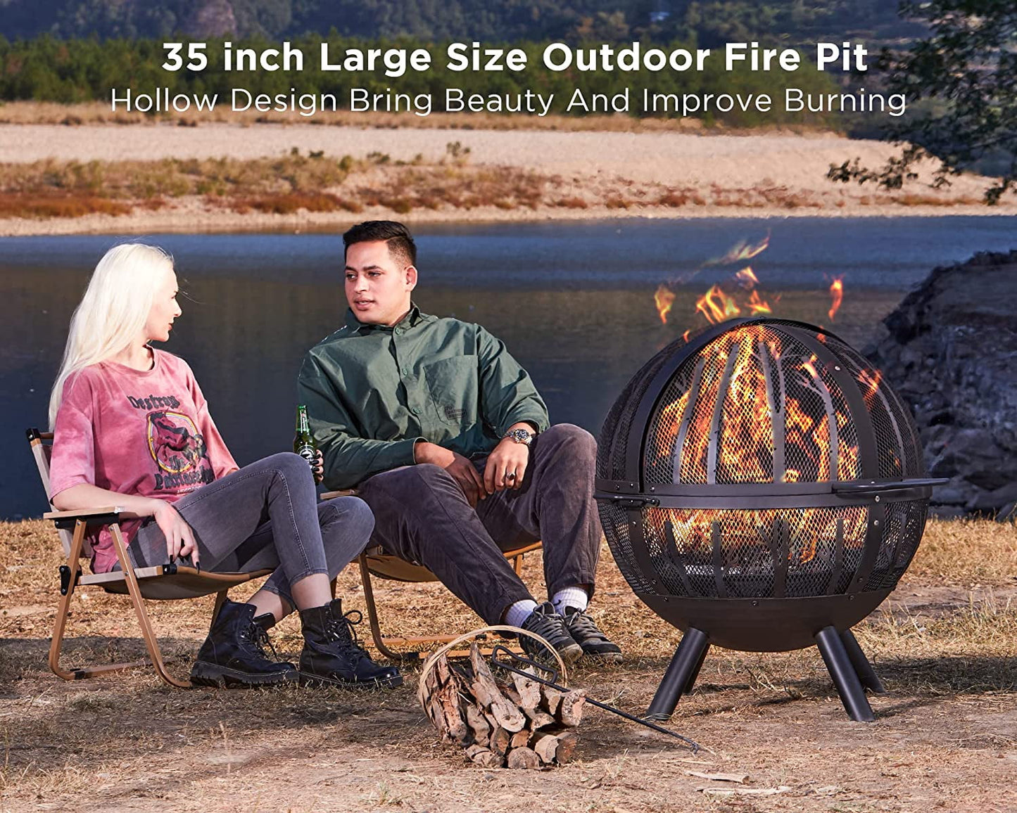 Jocisland 35 inch Wood Burning Globe Fire Pit for Outside Steel