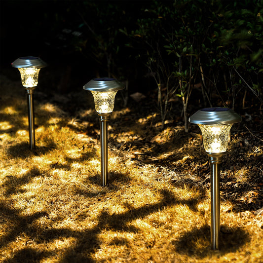 FKHouse Outdoor Solar Path Lights 8 Pack, Glass & Stainless Steel Automatic Solar Lights for Yard, , Garden, Path, Driveway（Warm White）
