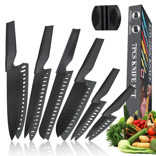 Kailwokk 13 Pcs Kitchen Knife Set, Stainless Steel Chef Knives with Sharpener & Blade Guards, Non-Stick Coating, Dishwasher Safe, Black