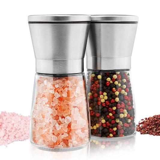 Kailwokk Salt and Pepper Grinder Set,Refillable Pepper Mill Set Short Glass Shakers with Adjustable Coarseness for Peppercorn, Salt or Spice Mills