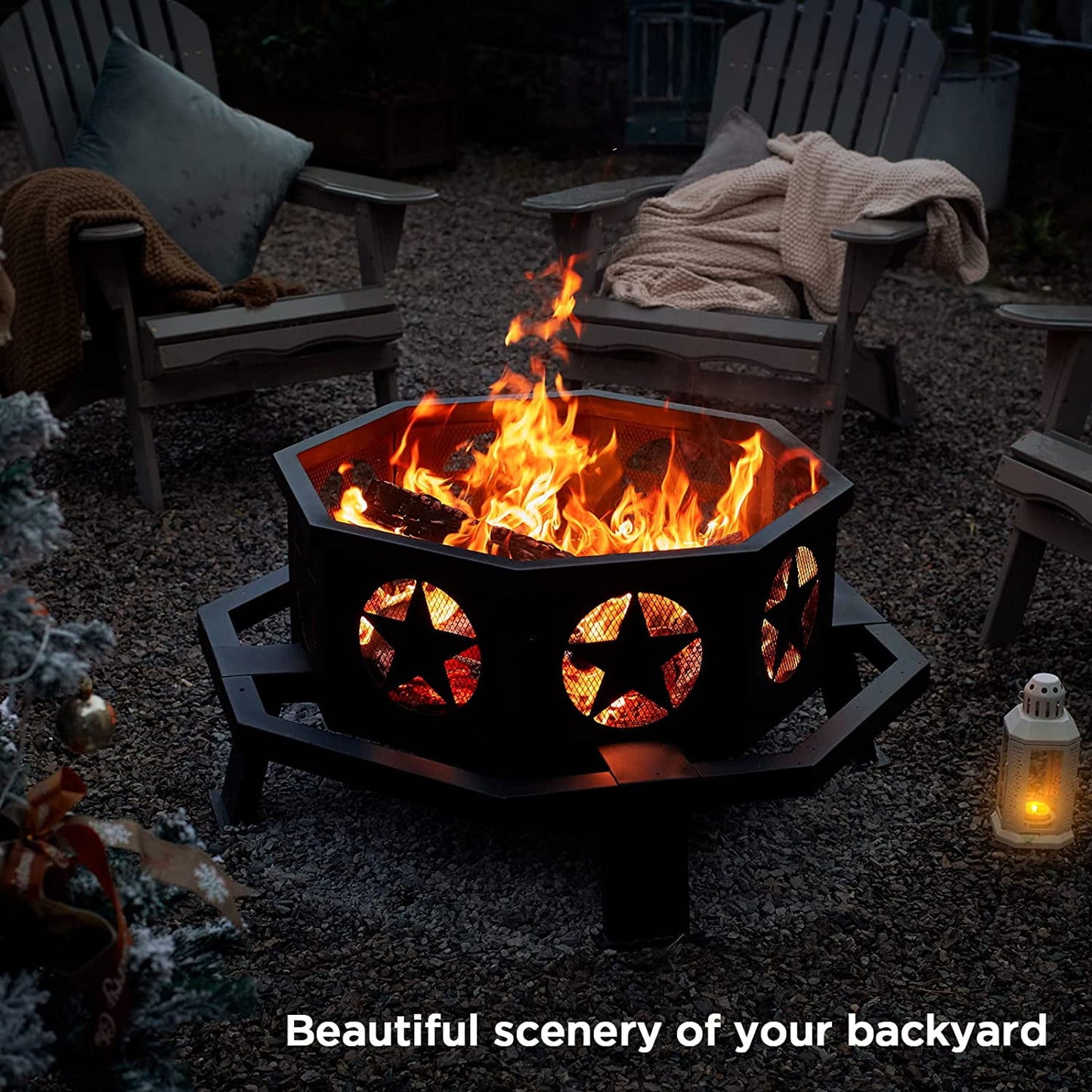 Jocisland 35 Inch Outdoor Fire Pits, Octagonal Wood Burning Fire Pit, Heavy Duty Bonfire Pit for Patio Backyard Garden Camping Beach