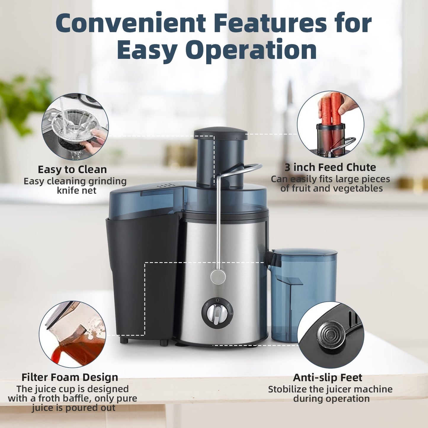 Kailwokk Juicer Machines, 400W Centrifugal Juice Extractor with Wide Mouth 3” Feed Chute for Fruit Vegetable with 3-Speed Setting, Easy to Clean, Black