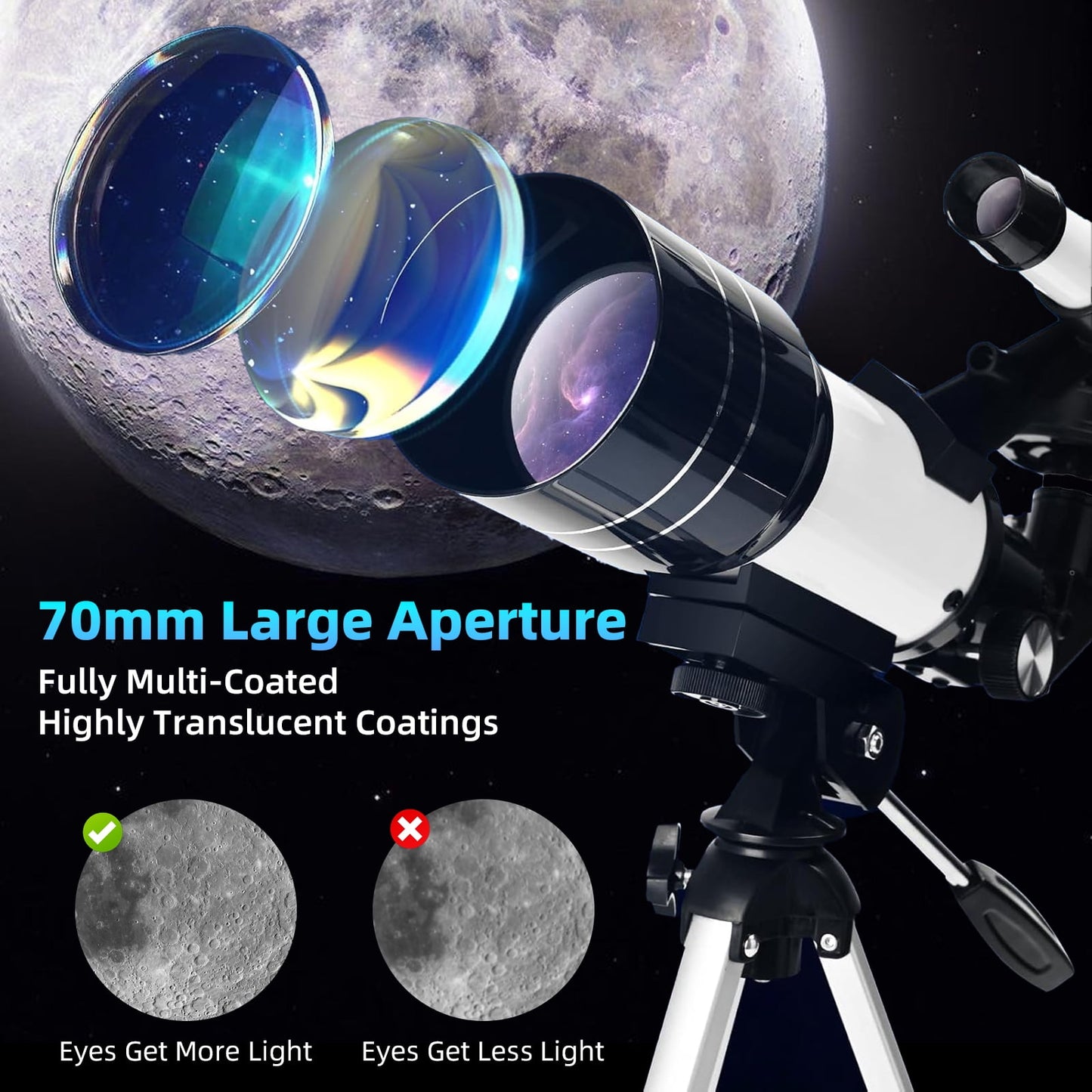 Kailwokk Telescope for Adults & Kids, 70mm Aperture Portable Telescopes with Height Adjustable Tripod & Phone Adapter, Astronomy Beginner Gift